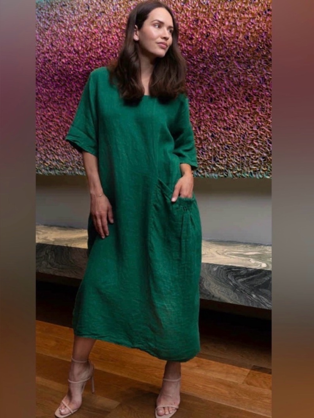 Relaxed Midi Linen Dress in Olive with Pocket